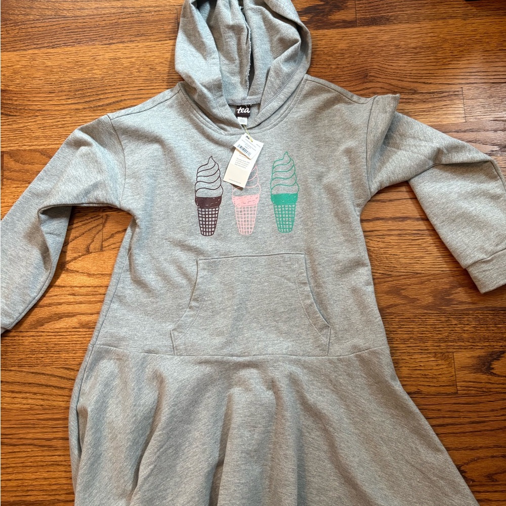 Tea Collection Gray Hoodie Sweatshirt Dress with Ice Cream Print, NWT, size 7